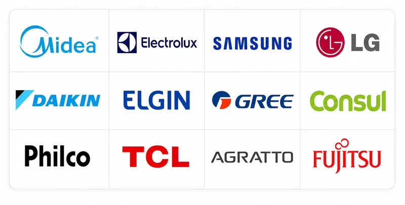 Marcas atendidas pela Allan Climatização: Midea, Electrolux, Samsung, LG, Daikin, Elgin, Gree, Consul, Philco, TCL, Agratto e Fujitsu